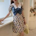 Set: Short Sleeve Floral Print A-line Dress + Bow Accent Camisole