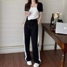 Short-sleeve Two-tone T-shirt / Striped Wide Leg Pants