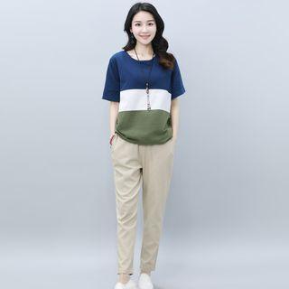 Set: Color-block Top + Slim-fit Pants
