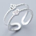 925 Sterling Silver Rhinestone Heart & Crown Layered Open Ring Silver - One Size
