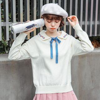 Flower Embroidered Collared Sweater