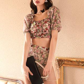 Set: Short-sleeve Floral Print Swim Top + Skirt