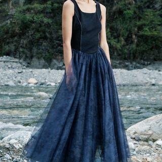 Sleeveless Sheer Panel Maxi A-line Dress