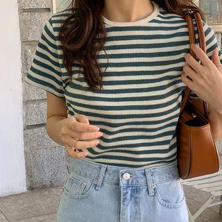 Round-neck Stripe Waffle T-shirt