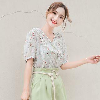 Floral Print Short-sleeve V-neck Chiffon Blouse