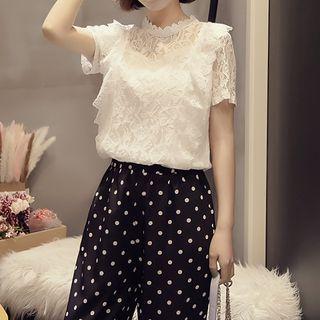 Short-sleeve Mock-neck Lace Blouse