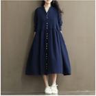 Buttoned Long-sleeve Midi A-line Dress