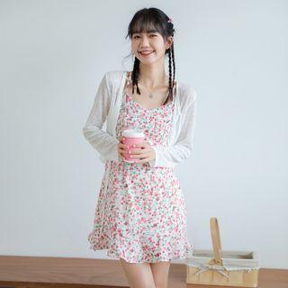 Plain Drawstring Cardigan / Floral A-line Mini Dress