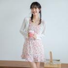 Plain Drawstring Cardigan / Floral A-line Mini Dress