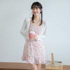 Plain Drawstring Cardigan / Floral A-line Mini Dress