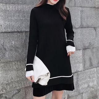 Mock-neck Contrast Trim Long-sleeve Knit Dress