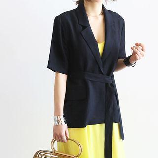 Short-sleeve Linen Blend Blazer With Sash