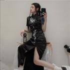 Short-sleeve Dragon Embroidered Midi Qipao