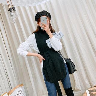 Set: Shirt + Turtleneck Self-tie Knit Vest