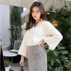 V-neck Slit-sleeve Furry-knit Top