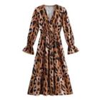 Long-sleeve Leopard Print Tiered Midi A-line Dress