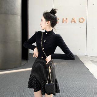Button Detail Long-sleeve Knit Top / Ruffle Hem Striped A-line Skirt