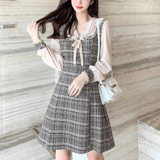 Long Sleeve Plaid Panel Bow Accent A-line Dress