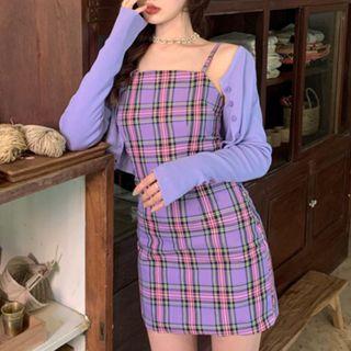 Spaghetti Strap Plaid Mini A-line Dress / Cropped Cardigan