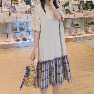 Elbow-sleeve Plaid Panel Midi A-line Dress