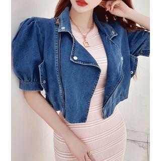 Puff-sleeve Cropped Denim Jacket Dark Blue - One Size