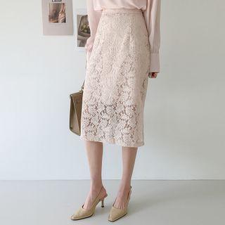 Slit-side H-line Midi Lace Skirt