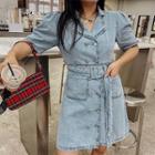 Short-sleeve Open-back Denim A-line Mini Shirtdress