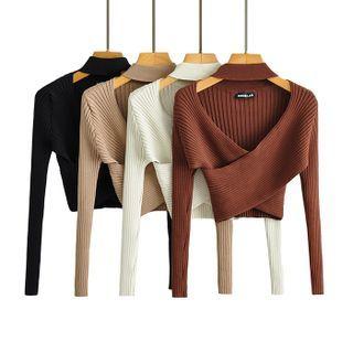 Long-sleeve Halter Cross Knit Cropped Top