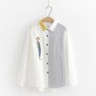 Long Sleeve Color Block Collar Embroidered Shirt