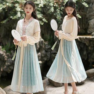 Short-sleeve Floral Hanfu Top / Long-sleeve Embroidered Chiffon Dress / Set