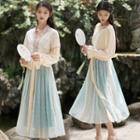 Short-sleeve Floral Hanfu Top / Long-sleeve Embroidered Chiffon Dress / Set