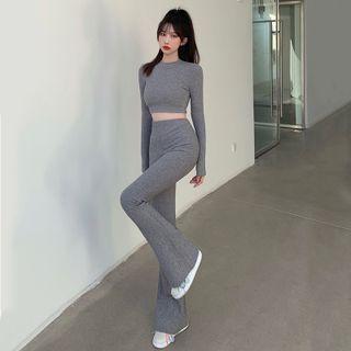 Long-sleeve Cropped Knit Top / High Waist Bell Bottom Knit Pants
