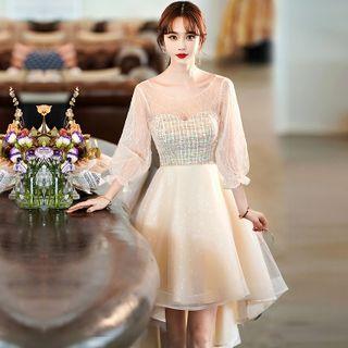 Puff-sleeve Tweed Panel A-line Cocktail Dress