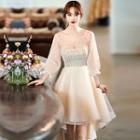 Puff-sleeve Tweed Panel A-line Cocktail Dress