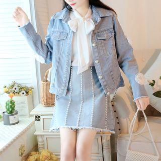 Set: Tie-neck Blouse + Denim Jacket + Beaded Skirt