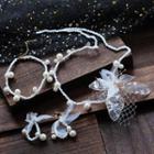 Wedding Set: Faux Pearl Mesh Flower Headpiece + Choker + Earring Set Of 3 - Headpiece & Choker & 1 Pair - Clip On Earring - As Shown In Figure - One Size