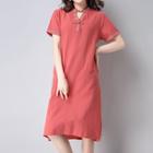 Embroidered Frog-button Short-sleeve Shift Dress