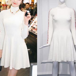 Long-sleeve Mock Neck Lace-up Knit Dress