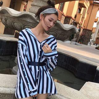 Long Sleeve Tie-waist Striped Shirt Dress