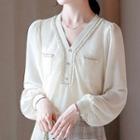 V-neck Pocket Detail Long-sleeve Blouse