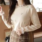 Lace-trim Flower-embroidered Knit Top