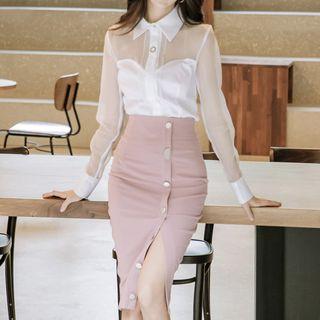Mesh Panel Shirt / Buttoned Pencil Skirt