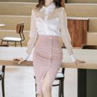 Mesh Panel Shirt / Buttoned Pencil Skirt