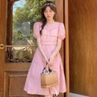Puff-sleeve Round Neck Midi A-line Dress