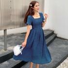Square-neck Smocked Midi A-line Dress