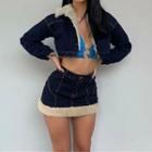 Set: Fleece-lined Cropped Denim Jacket + Mini Pencil Skirt