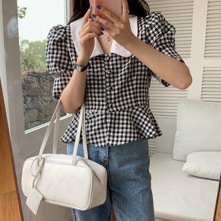 Puff-sleeve Collared Gingham Blouse Gingham - Black & White - One Size