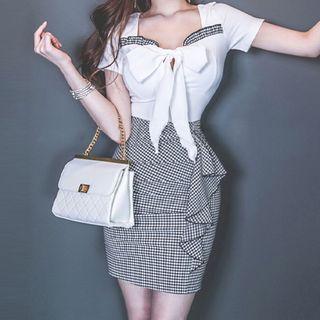 Short-sleeve Gingham Ruffled Sheath Dress