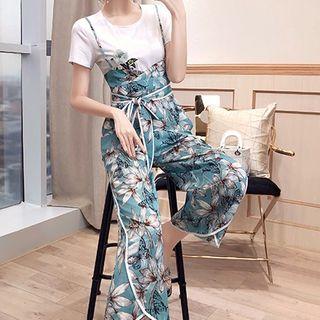 Set: Flower Short-sleeve T-shirt + Strappy Wide Leg Pants