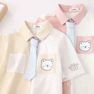 Short-sleeve Cartoon Print Two-tone Shirt